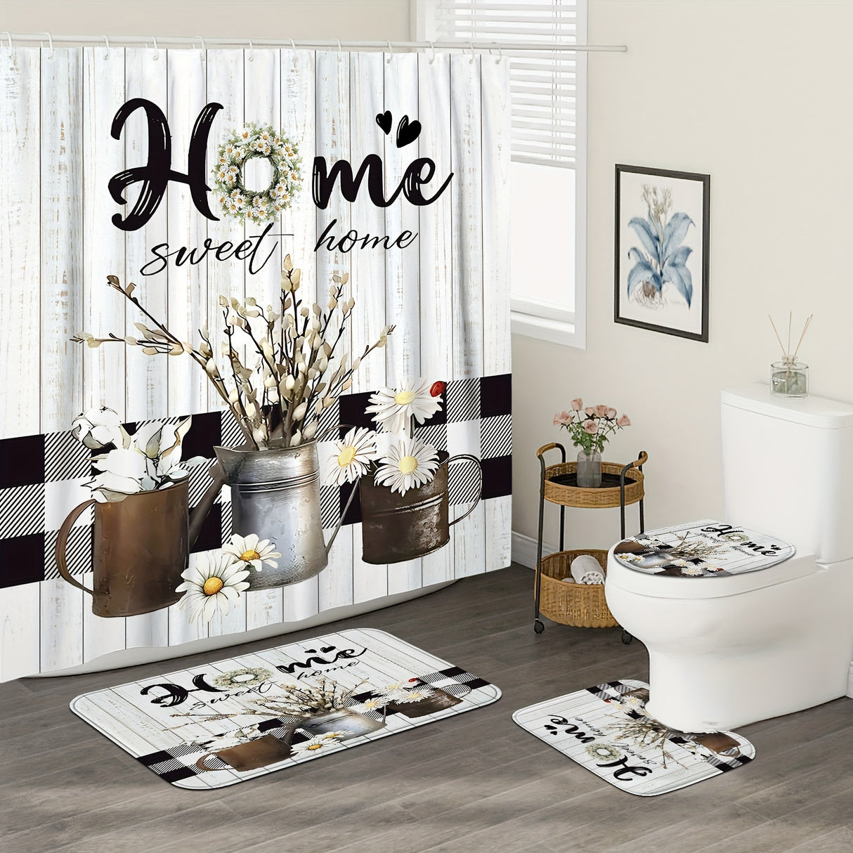1/4pcs Deluxe White Daisy Pattern Shower Curtain Set - Bathroom Essentials with Non-Slip Mat, U-Shaped Toilet Mat, and 12 Hooks - Complete Bathroom Decor Solution