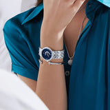 Round Quartz Watches Stainless Steel Strap Alloy Pointer Stainless Steel Rhinestone Dial Luminous Moon Phase Starry Sky Watches Gifts For Eid
