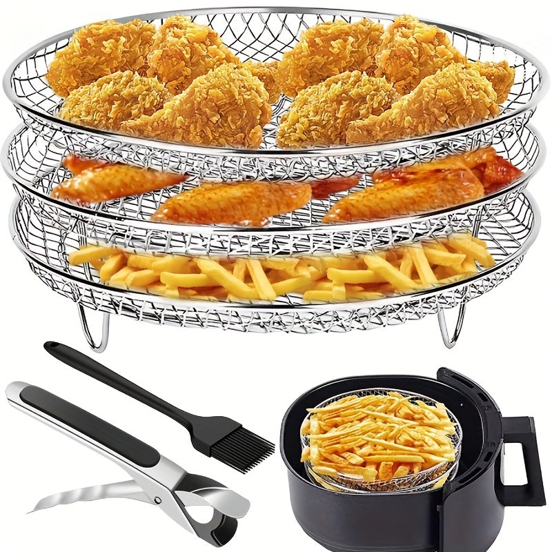 1 Set Air Fryer Accessories, Three-layer Circular Grill Rack, Steam Rack, Stainless Steel Stackable Rack, Dehydration Rack, Barbecue Basket, Barbecue Rack, Drain Basket, Filter Rack, Food Frying Basket, Oil Brush, Food Clip S