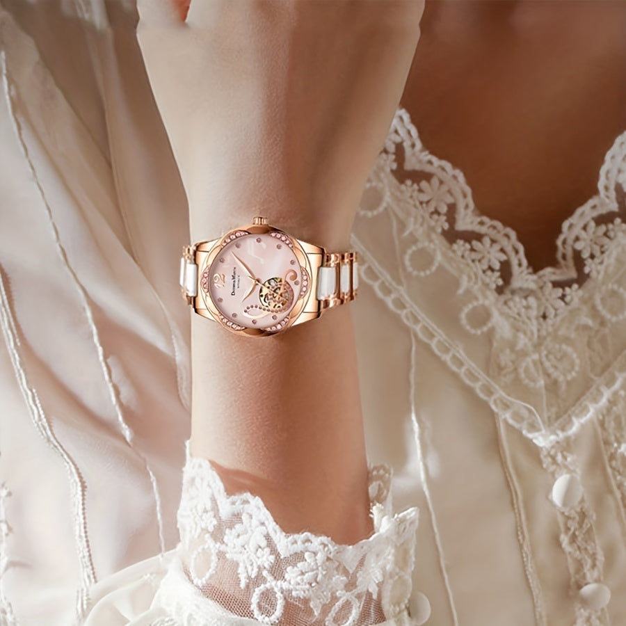 Stunning Rose Golden White Alloy Elegant Casual Style Hollowed Out Mechanical Watch for Women - Girls Watches with Timeless Design, Precise Movement, and Durable Construction - Perfect Accessory for Any Occasion