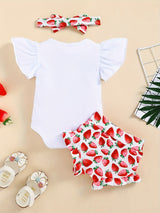 3pcs Baby Girl Summer Outfit: "Little Miss Sunshine" Ruffle Short Sleeve Romper, Floral Shorts & Matching Headband - Cotton Blend, Machine Washable, Casual Baby Clothing | Ruffled Baby Romper | Comfortable Babywear, Baby Girl