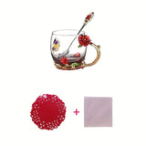 Set, Elegant Flower Pattern Tea Cup With Coaster And Spoon, 350ml/11.8oz Clear Glass Coffee Mug Set - Coffee Cups, Water Cups - For Summer & Winter - Suitable for Home & Office - Perfect Gift for Birthday