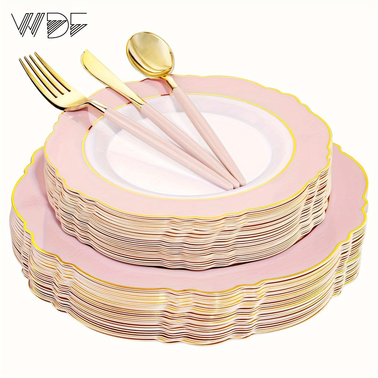 [30 Guests Pink Plastic Dinnerware] WDF 30 Guests Pink Plastic Plates & Golden Plastic Silverware With Pink Handle-Baroque Pink &Golden Plastic Dinnerware For Upscale Wedding &Parties
