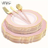 [30 Guests Pink Plastic Dinnerware] WDF 30 Guests Pink Plastic Plates & Golden Plastic Silverware With Pink Handle-Baroque Pink &Golden Plastic Dinnerware For Upscale Wedding &Parties
