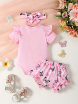 Baby Girl Butterfly Pattern Onesie, bow lace shorts, hair band three-piece set