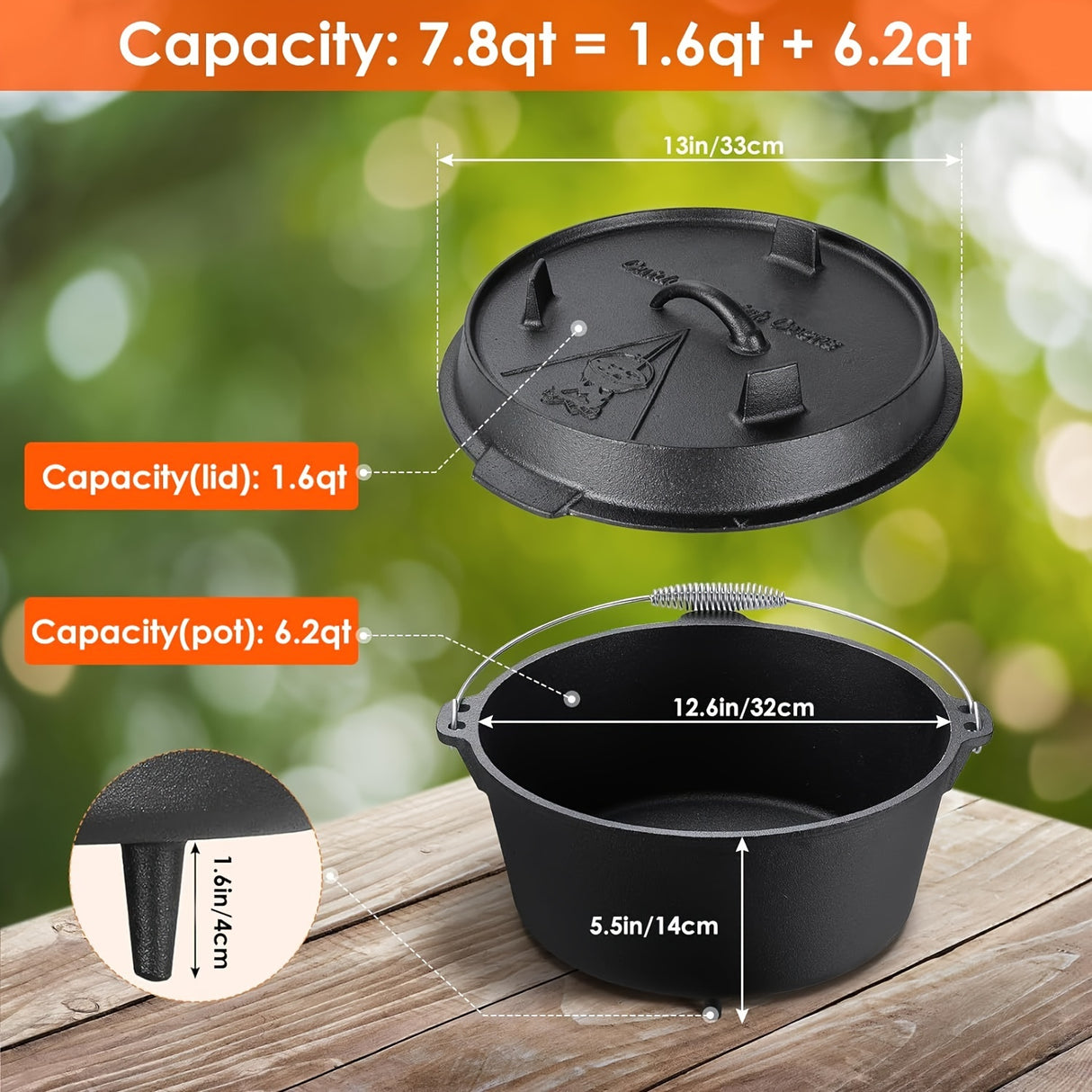 13.2 Quart Cast Iron Dutch Oven with Lid Lifter, Dual Function Lid Griddle, Stand and Lid for Home Cooking, Baking, BBQ