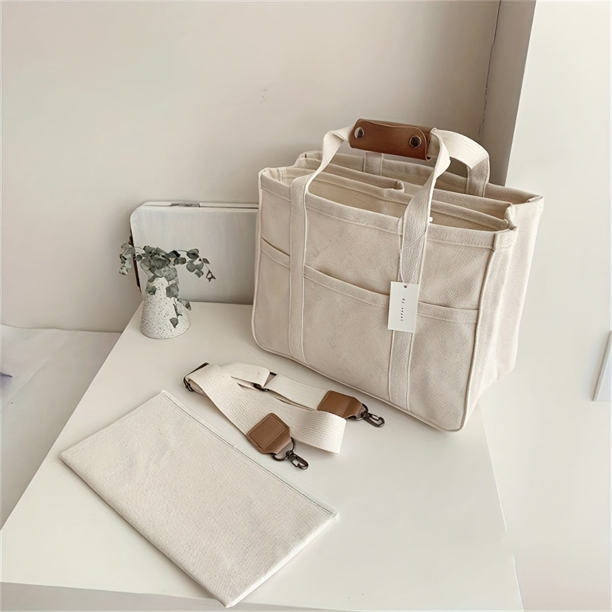 Canvas Tote Bag With Seperations, Durable Lightweight Shoulder Bag, Casual Practical Commuter   Bag