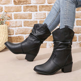 Mid Calf Women's Slouch Boots, Solid Color V-cut Slip On Cowgirl Low Heel Block Stacked Heels