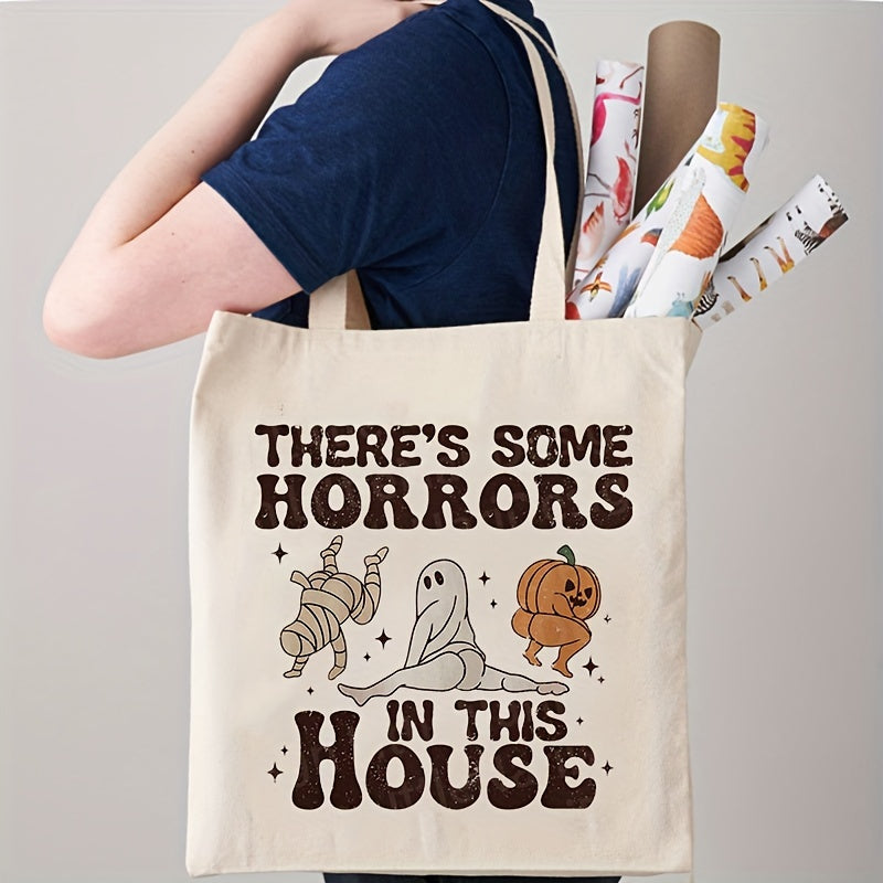 Ghost Skull Pumpkin Print Tote Bag, There's Some Horrors In This House Pattern Shoulder Bag, Lightweight Shopper Bag Halloween Gift