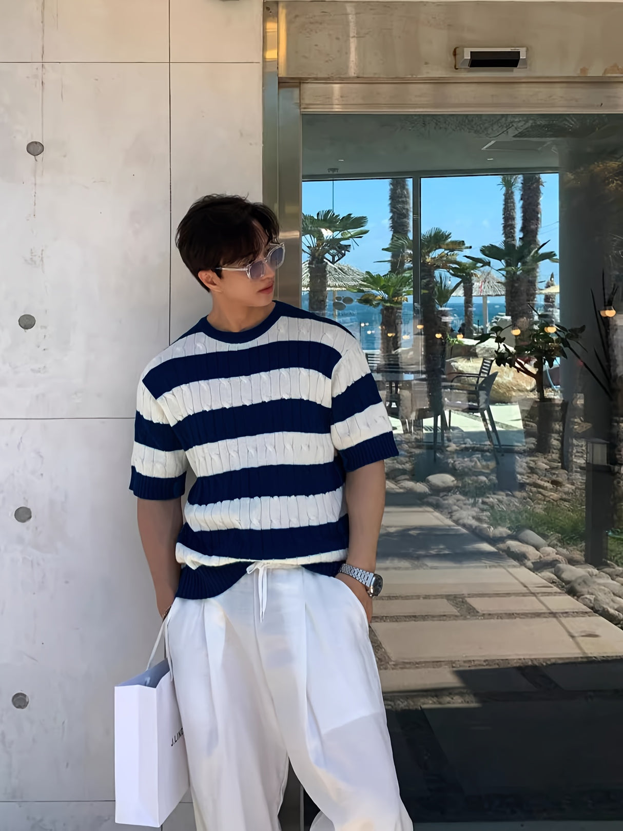 Summer Striped Knit Crew Neck Sweater for Men - Soft Rib-Knit Acrylic Fabric, Regular Fit, Slight Stretch, Dry Clean Only - Perfect Casual Short Sleeve Pullover for Warm Weather