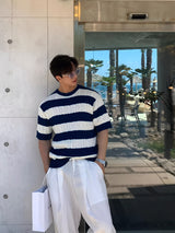 Summer Striped Knit Crew Neck Sweater for Men - Soft Rib-Knit Acrylic Fabric, Regular Fit, Slight Stretch, Dry Clean Only - Perfect Casual Short Sleeve Pullover for Warm Weather