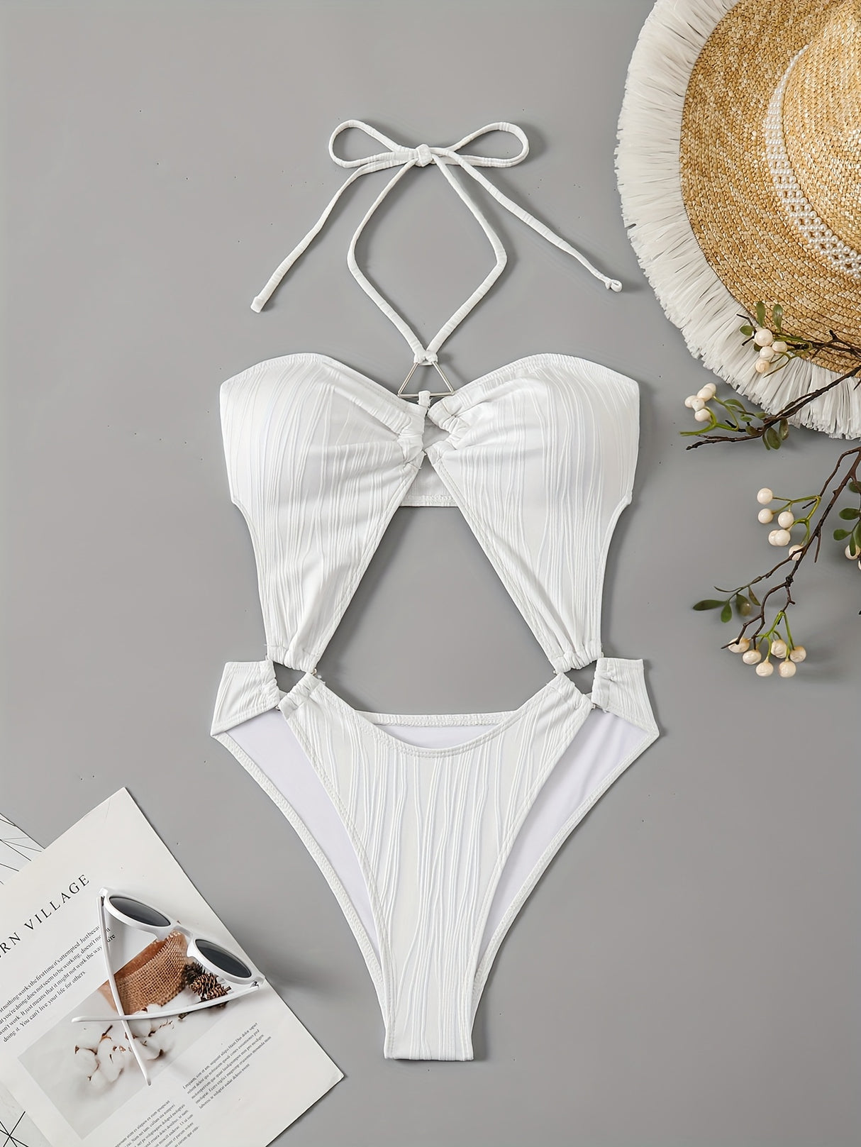 1pc Sexy One-Piece Swimsuit for Women, High Stretch Knit Fabric, Solid Color, High Cut Panty Bottom, Removable Padding, Polyester 95% Elastane 5%, Bandeau Collar Style