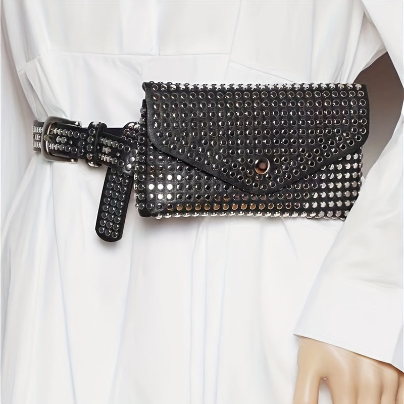 Mini Rivet Belt Bag - Edgy Punk Rock Inspired Design, Compact Waist Pouch Phone Holder, Adjustable Strap for Customized Fit - Elevate Your Style with This Fashionable Accessory for Outfit Enhancement