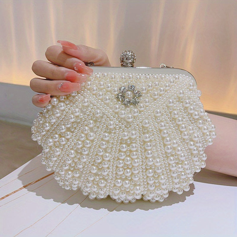 Shiny Event Clutch Bag, Buckle Metal Chain Handbag, Floral Handle Party Bag For Wedding