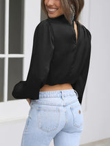 Women Satin Blouses Dressy Cowl Neck Long Sleeve Crop Tops