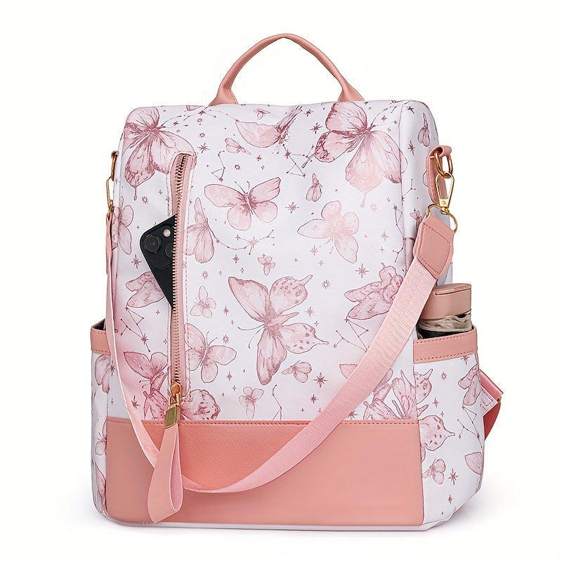 New Chinese Style Silvery Butterfly Print Bag for Women PU Soft This Year's Popular Versatile Single Shoulder Double Shoulder Handbag Trendy Anti-theft School Bag Large Capacity Simple Commuting Outdoor Travel Work Women's Ba