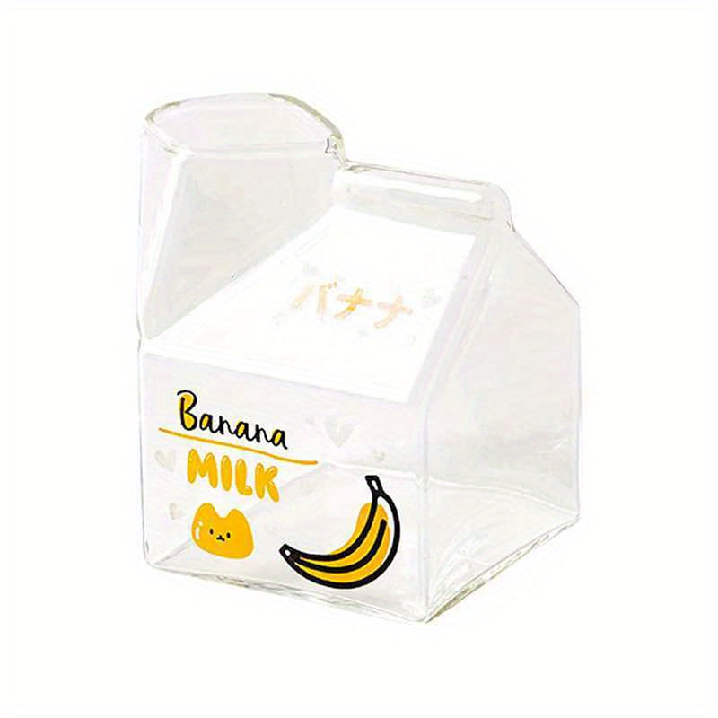 1pc Adorable Kawaii Glass Milk Carton Mug - 12 Oz Microwave Safe, Reusable, BPA-Free, Square-Shaped, Recyclable, Multipurpose Cup with Strawberry, Peach, Avocado, and Banana Print for Breakfast and Coffee