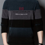 All Match Knitted Color Block Sweater, Men's Casual Warm High Stretch Crew Neck Pullover Sweater For Men Fall Winter