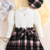 Girl's Trendy 3pcs, Ribbed Long Sleeve Top & Hat & Belted Skirt Set, Plaid Pattern Casual Outfits, Kids Clothes For Spring Autumn