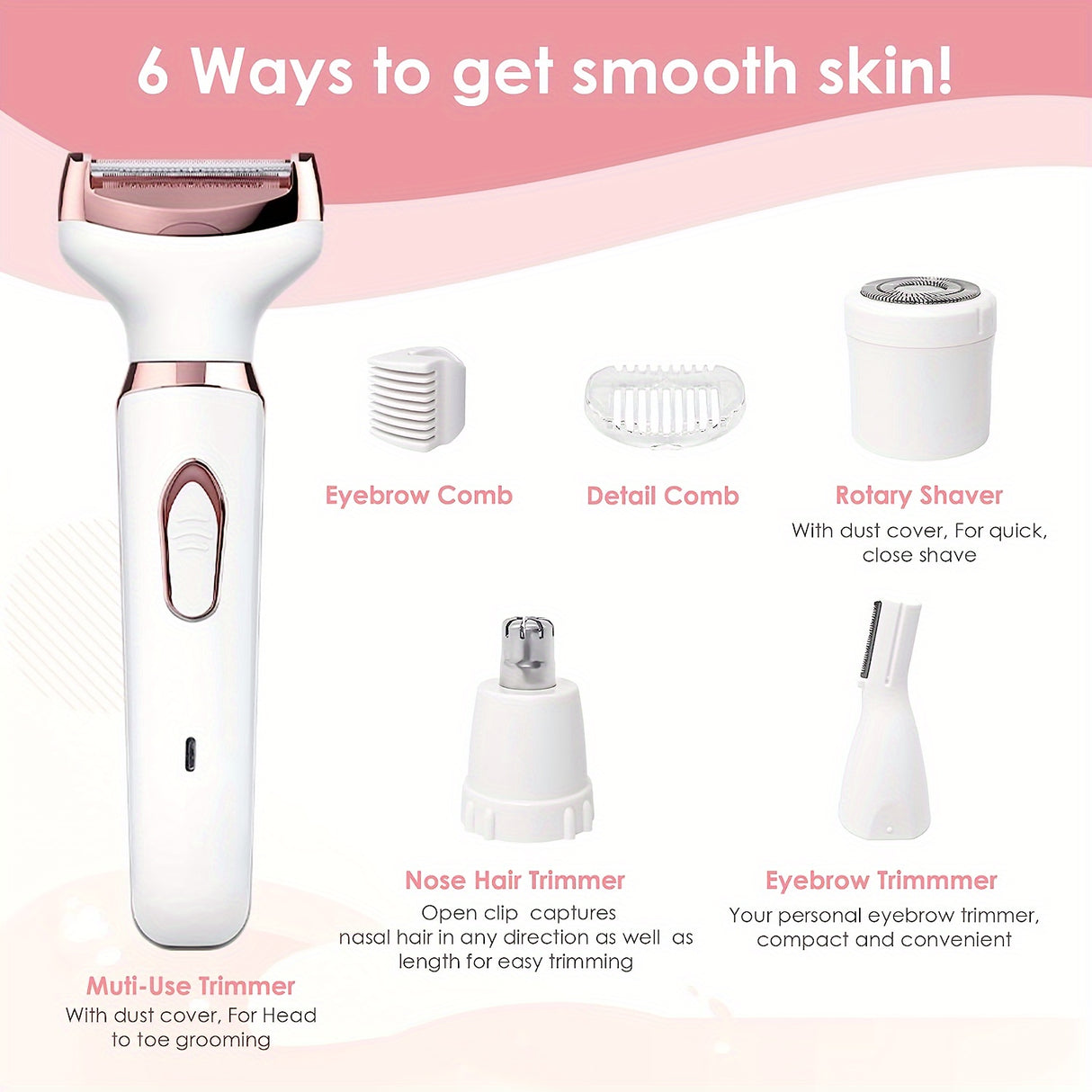 4-in-1 Painless Womens Hair Epilator - Ultimate Grooming Kit for Armpit, Bikini, Leg, Pubic Areas - Electric Razor, Trimmer, Clipper, Shaver for Effortless Smoothness