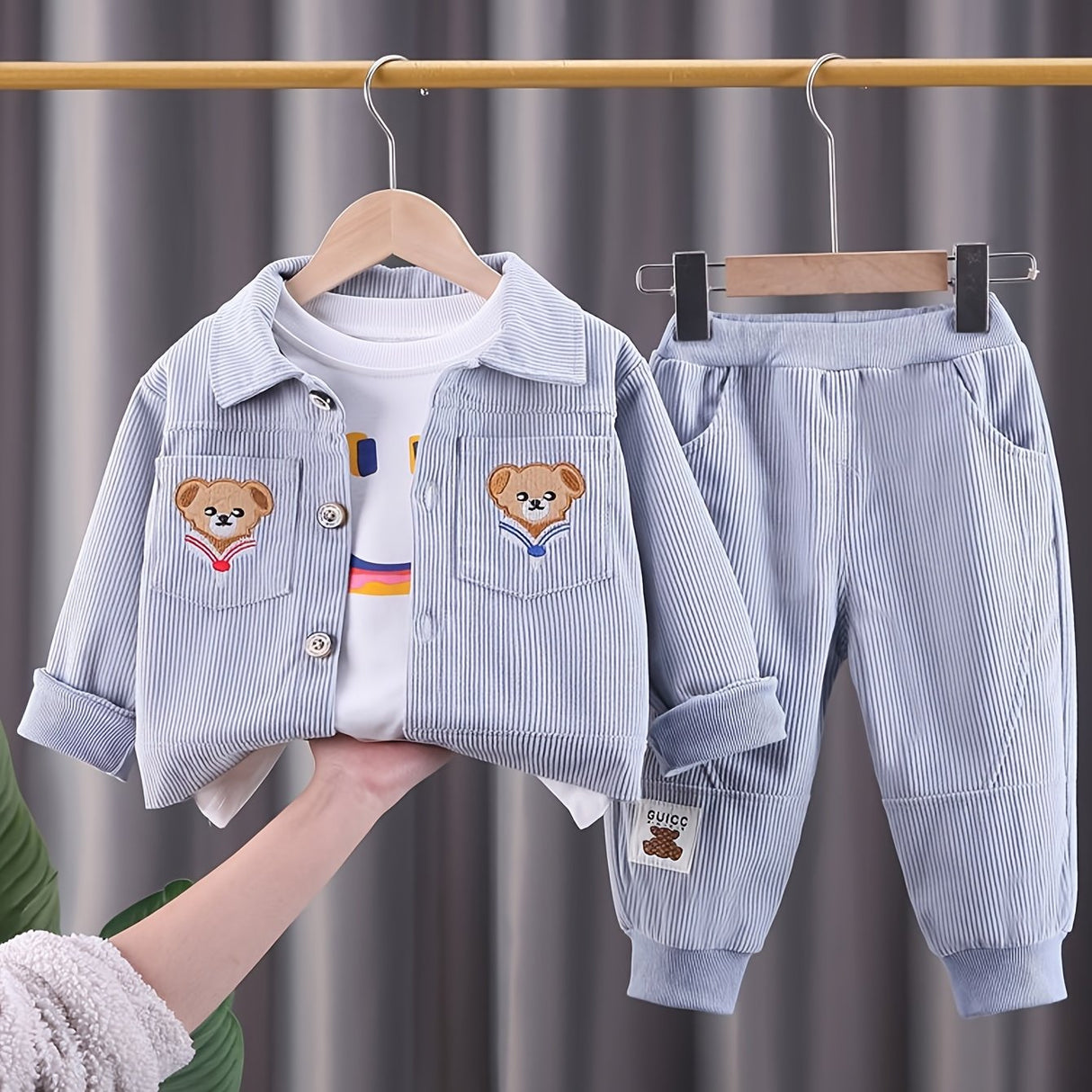2pcs Toddler Boys Stylish Corduroy Outfit Set - Comfortable Casual Sportswear with Adorable Embroidered Bear Design, Complete Coat and Pants - Perfect for Spring and Autumn, Beige