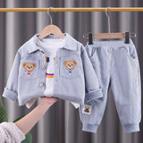 2pcs Toddler Boys Stylish Corduroy Outfit Set - Comfortable Casual Sportswear with Adorable Embroidered Bear Design, Complete Coat and Pants - Perfect for Spring and Autumn, Beige