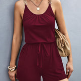 Women's Black Sleeveless Romper with Golden Chain Detail - Casual V-Neck Jumpsuit with Adjustable Drawstring Waist and Ring Accents, Perfect for Spring/Summer, Ladies Rompers And Jumpsuits