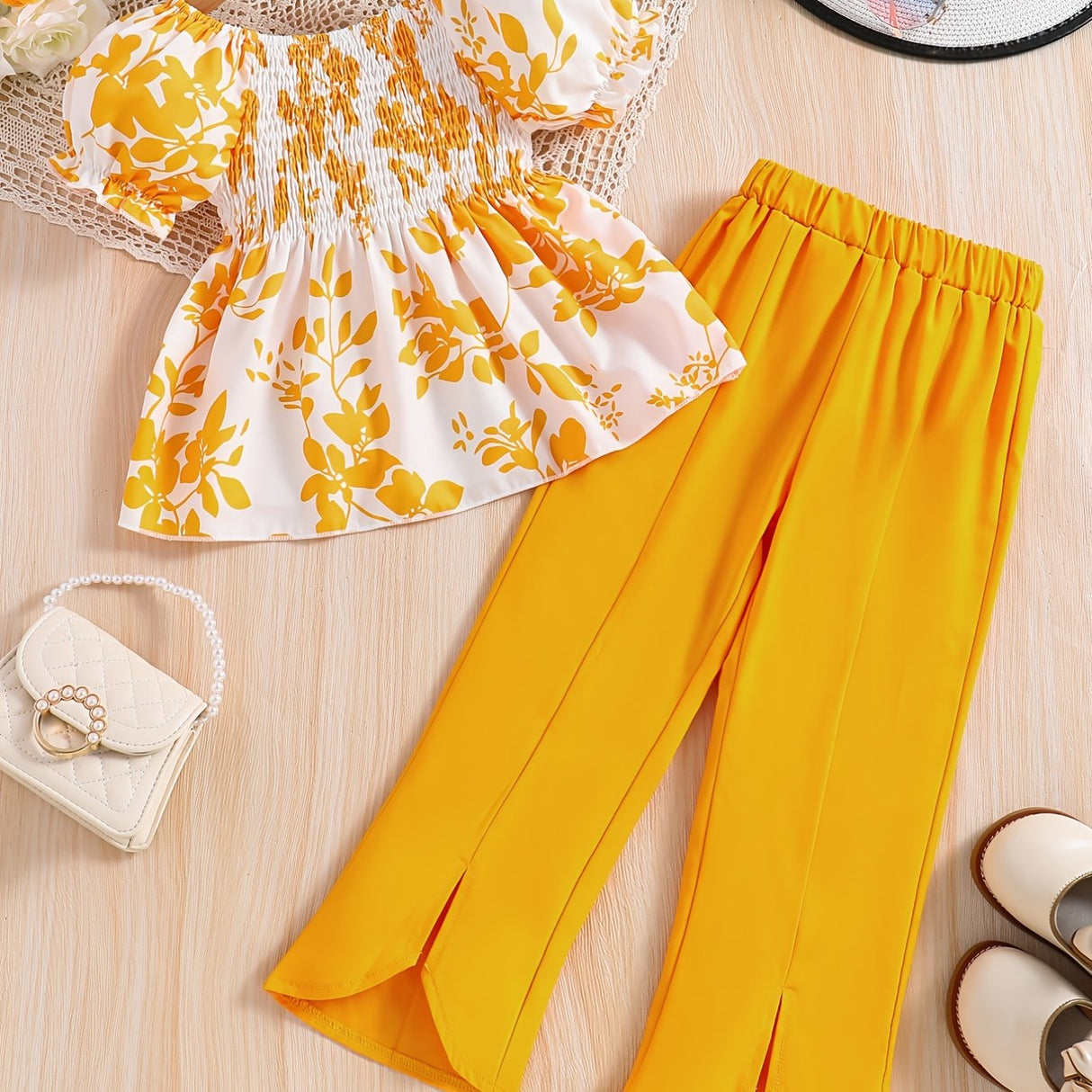 Girls 2pcs Shirred Shirt & Elastic Waist Flared Pants Set Floral Print Short Puff Sleeve Top Elegant Kids Clothes Summer