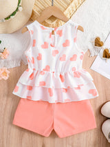 Girls Casual Trendy Cute Heart Graphic Sleeveless Peplum Top & Shorts Set For Summer Holiday Party Kids Clothes