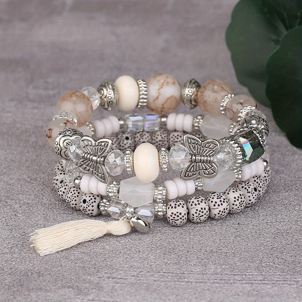 3pcs/set Vibrant Bohemian Butterfly Pendant Tassel Beaded Elastic Multi-Layer Acrylic Bracelets - Stylish Boho Accessories for Men and Women - Perfect Daily Decoration, Gift for Family, Friends, Boyfriends, and Girlfriends on
