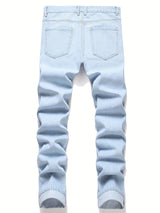 Men'S Slim Fit Letter & Heart Embroidered Ripped Jeans for men