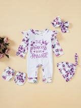 [Floral Baby Romper] Floral Newborn Baby Girl Romper | Infant Letter Print Bodysuit Jumpsuit+Hat+Headband+Gloves Coming Home Clothes Outfits