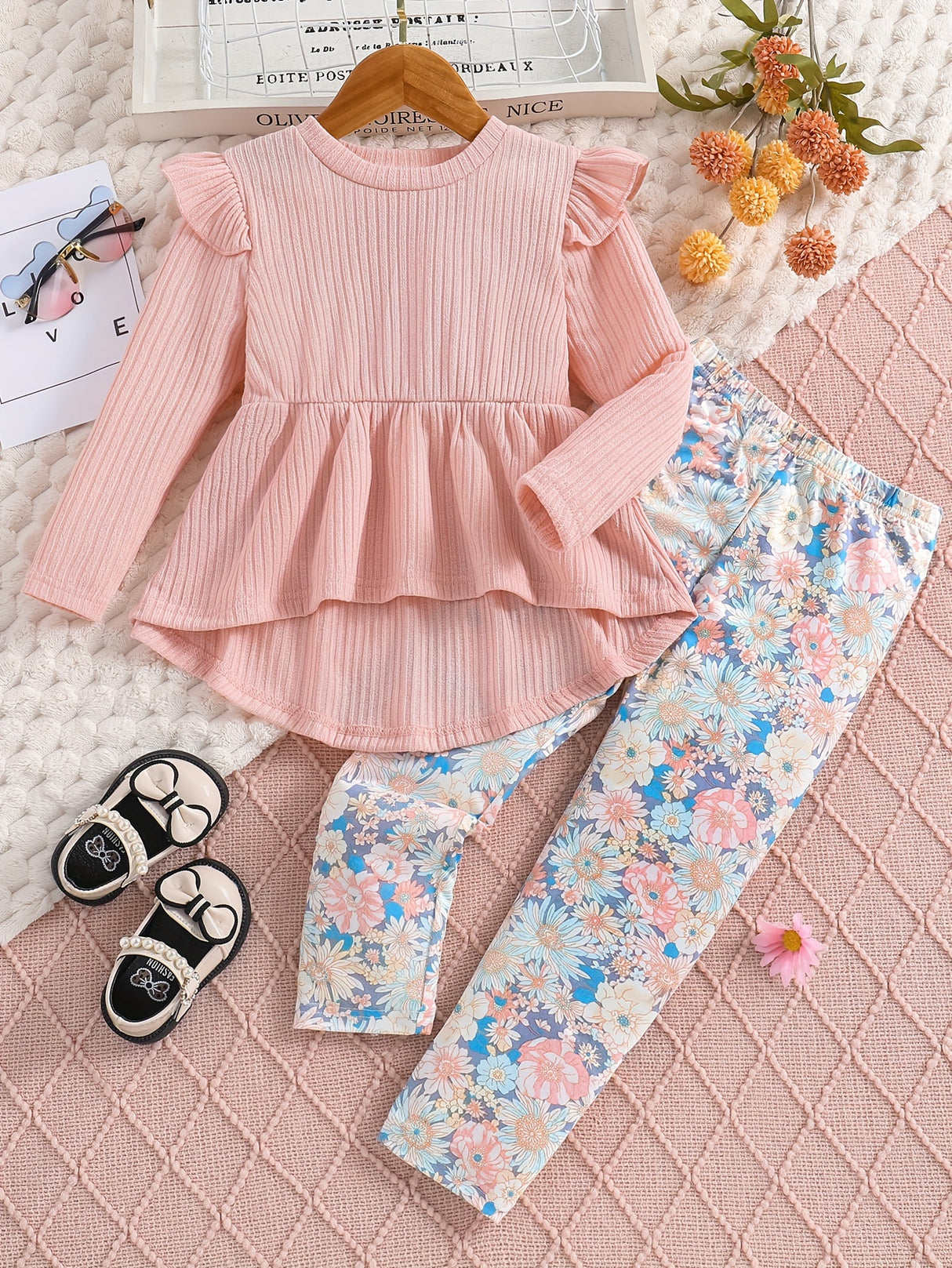 Sweet Outfits 2pcs Girls, Flutter Trim Long Sleeve Pullover + Flora Print Pants Set Kids Clothes Spring Fall