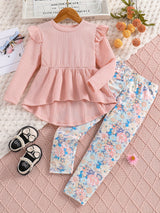 Sweet Outfits 2pcs Girls, Flutter Trim Long Sleeve Pullover + Flora Print Pants Set Kids Clothes Spring Fall