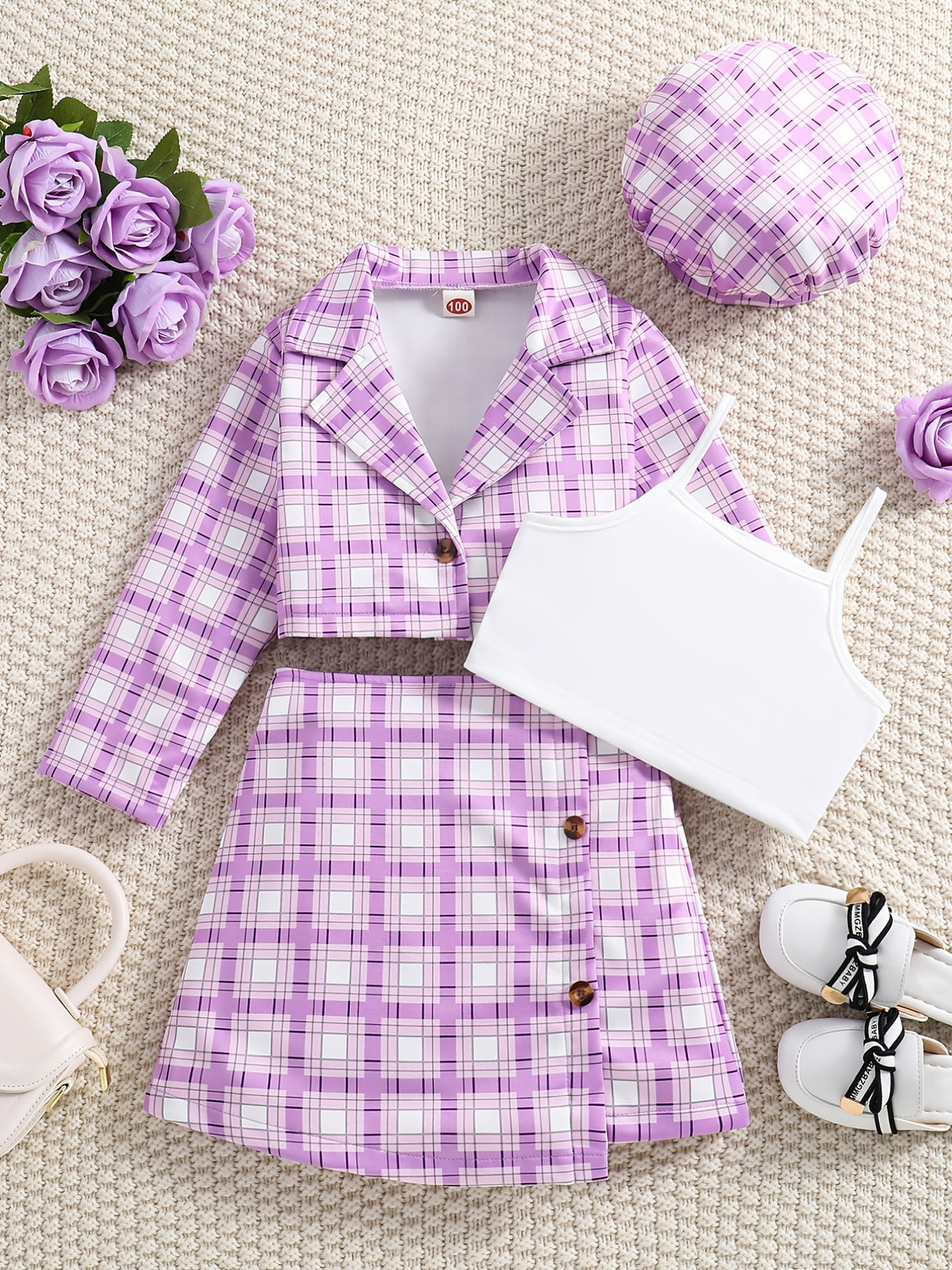 Girl's Trendy 4pcs, Long Sleeve Blazer & Beret Hat & Camisole & Skirt Set, Plaid Print Casual Outfits, Kids Clothes For Spring Summer