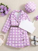 Girl's Trendy 4pcs, Long Sleeve Blazer & Beret Hat & Camisole & Skirt Set, Plaid Print Casual Outfits, Kids Clothes For Spring Summer