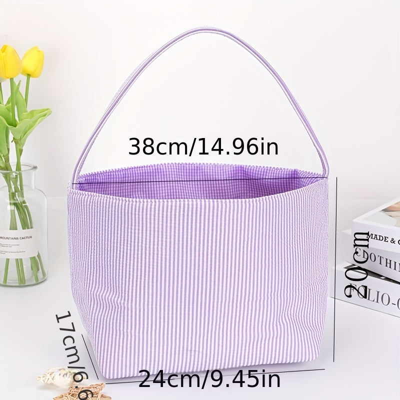 1pc Large Capacity Tote Bag, Easter Gift Bag, Easter Eggs Storage Bucket, Striped Seersucker Bunny Bag, Hunting Easter Eggs Handbag, Easter Party Decorations Gifts Bag, Party Tote Bags, Easter Gift Party Supplies