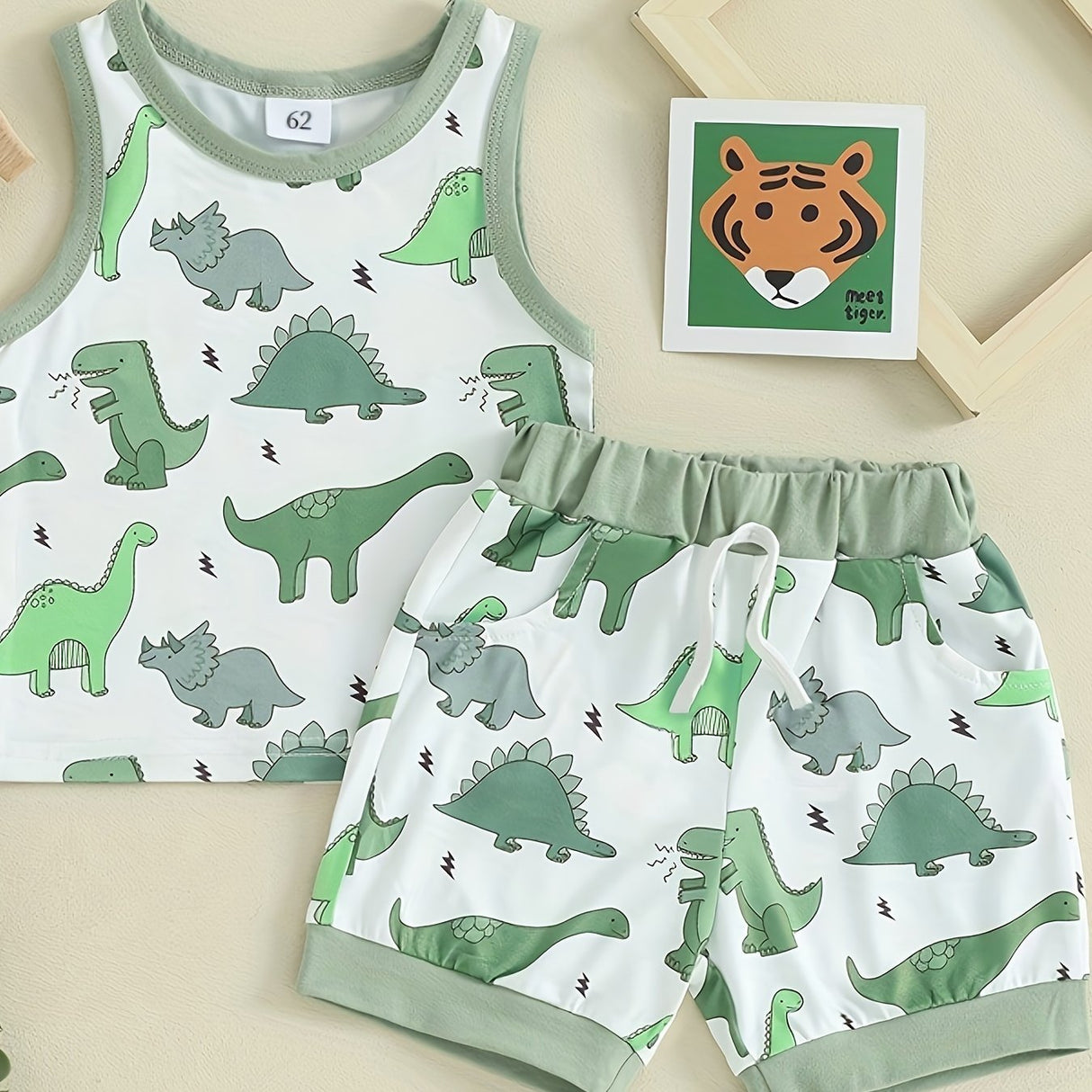 2-Piece Toddler Boys Set, Summer Outfit, Elastic Waist, Crew Neck Tank Top + Shorts, Casual Dinosaur Print Clothing Set
