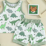 2-Piece Toddler Boys Set, Summer Outfit, Elastic Waist, Crew Neck Tank Top + Shorts, Casual Dinosaur Print Clothing Set