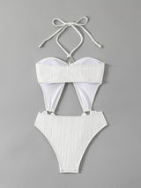 1pc Sexy One-Piece Swimsuit for Women, High Stretch Knit Fabric, Solid Color, High Cut Panty Bottom, Removable Padding, Polyester 95% Elastane 5%, Bandeau Collar Style