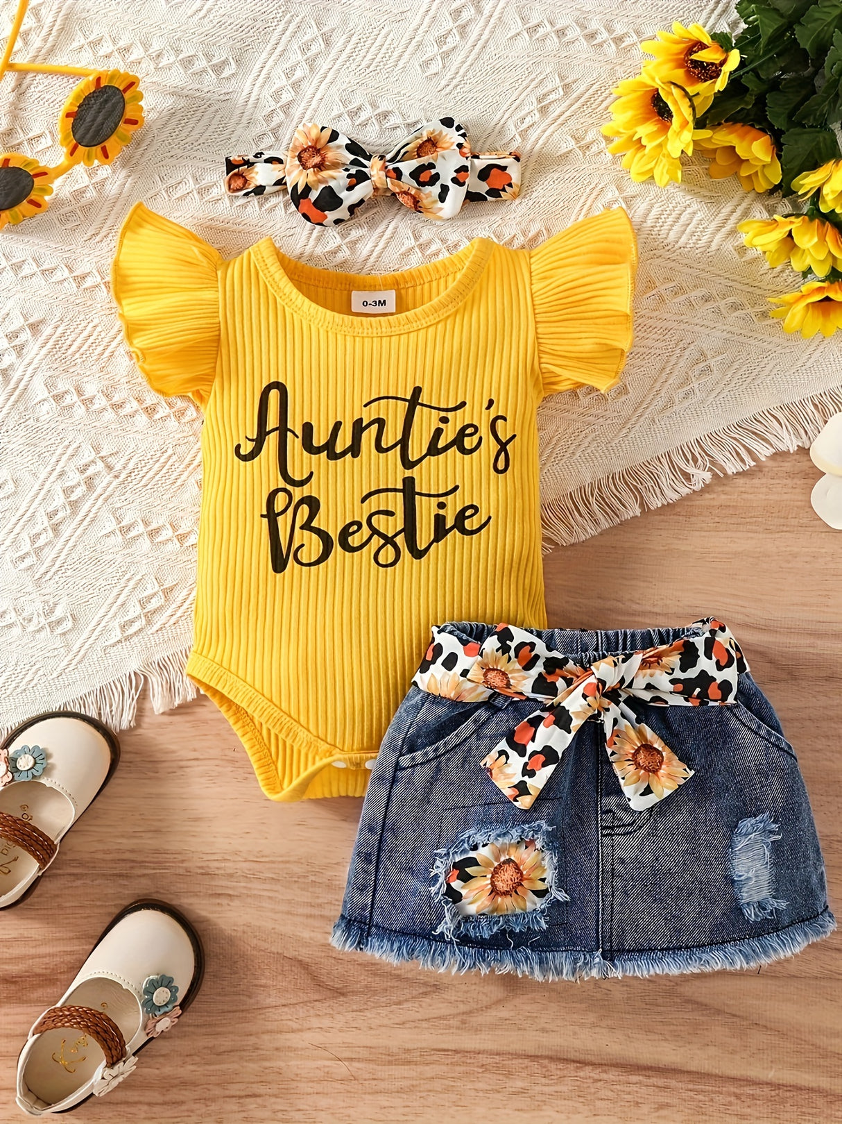 Baby Girl Clothes Newborn Jumpsuit Short Sleeved Denim Skirt with Front End and Baby Clothing Set, 0-18 Months, for Outdoor