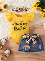 Baby Girl Clothes Newborn Jumpsuit Short Sleeved Denim Skirt with Front End and Baby Clothing Set, 0-18 Months, for Outdoor