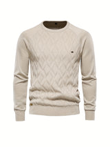 All Match Cotton Knitted Solid Sweater, Men's Casual Warm Slightly Stretch Crew Neck Pullover Sweater For Men Fall Winter