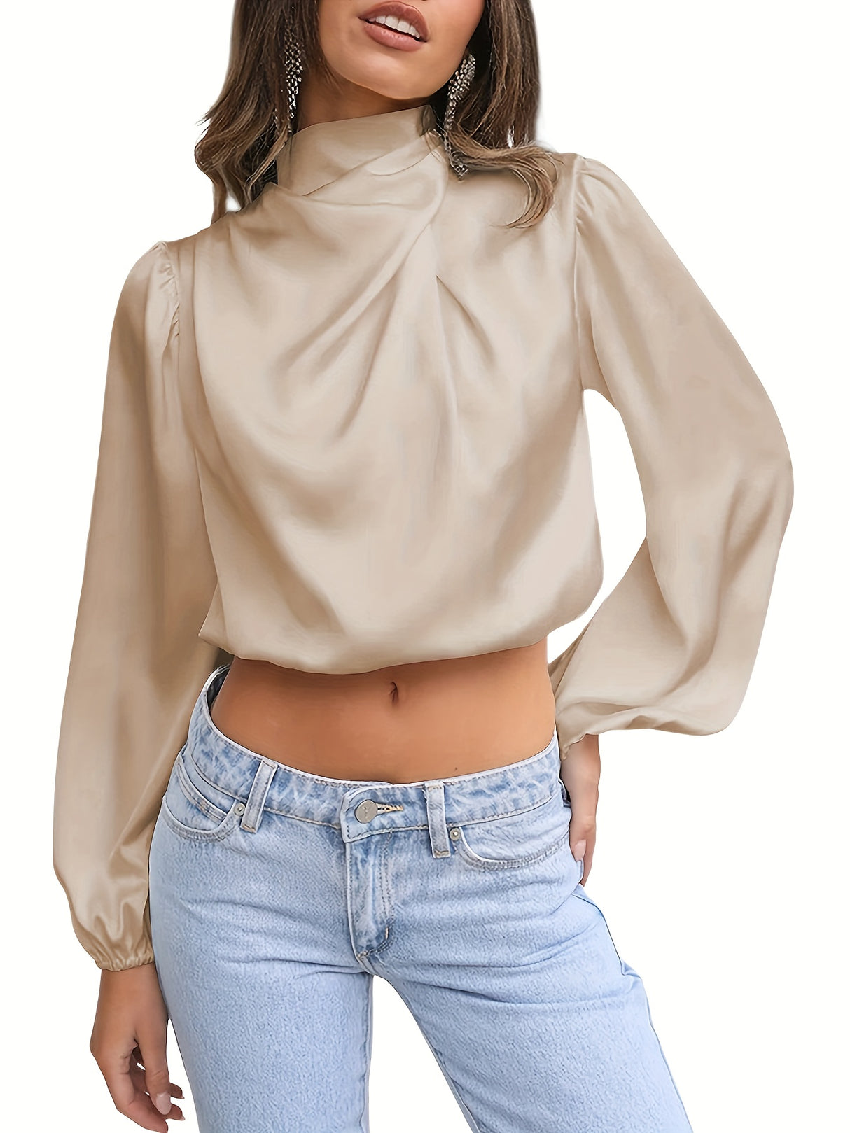 Women Satin Blouses Dressy Cowl Neck Long Sleeve Crop Tops