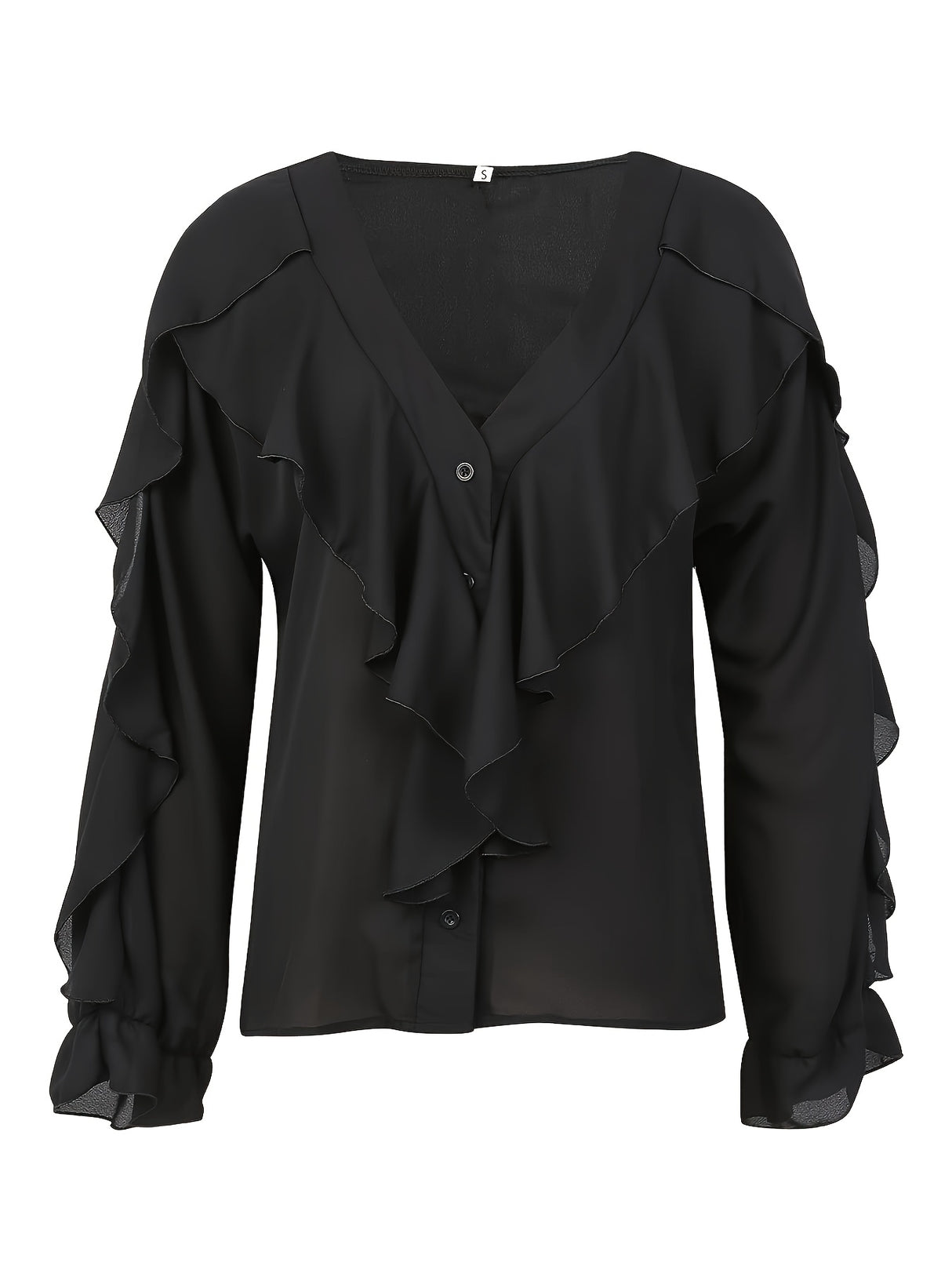Flirty Ruffle Trim Blouse - Solid Color with Classy Button Front, Flowy Long Sleeves - Feminine Casual Top for Women