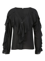Flirty Ruffle Trim Blouse - Solid Color with Classy Button Front, Flowy Long Sleeves - Feminine Casual Top for Women