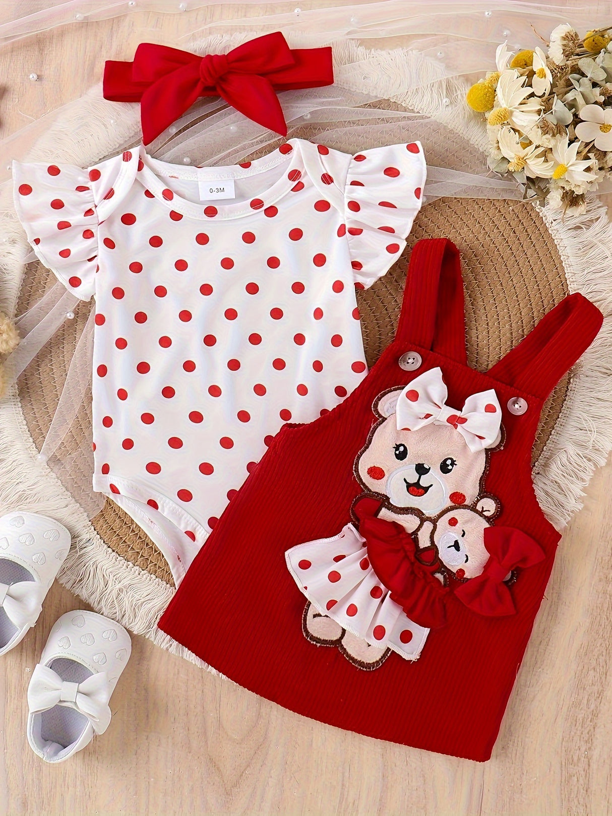 Baby Girl Outfit Summer Lace Short Sleeved + Teddy Bear Strap Skirt +Headknot 3pcs with 0-18Months