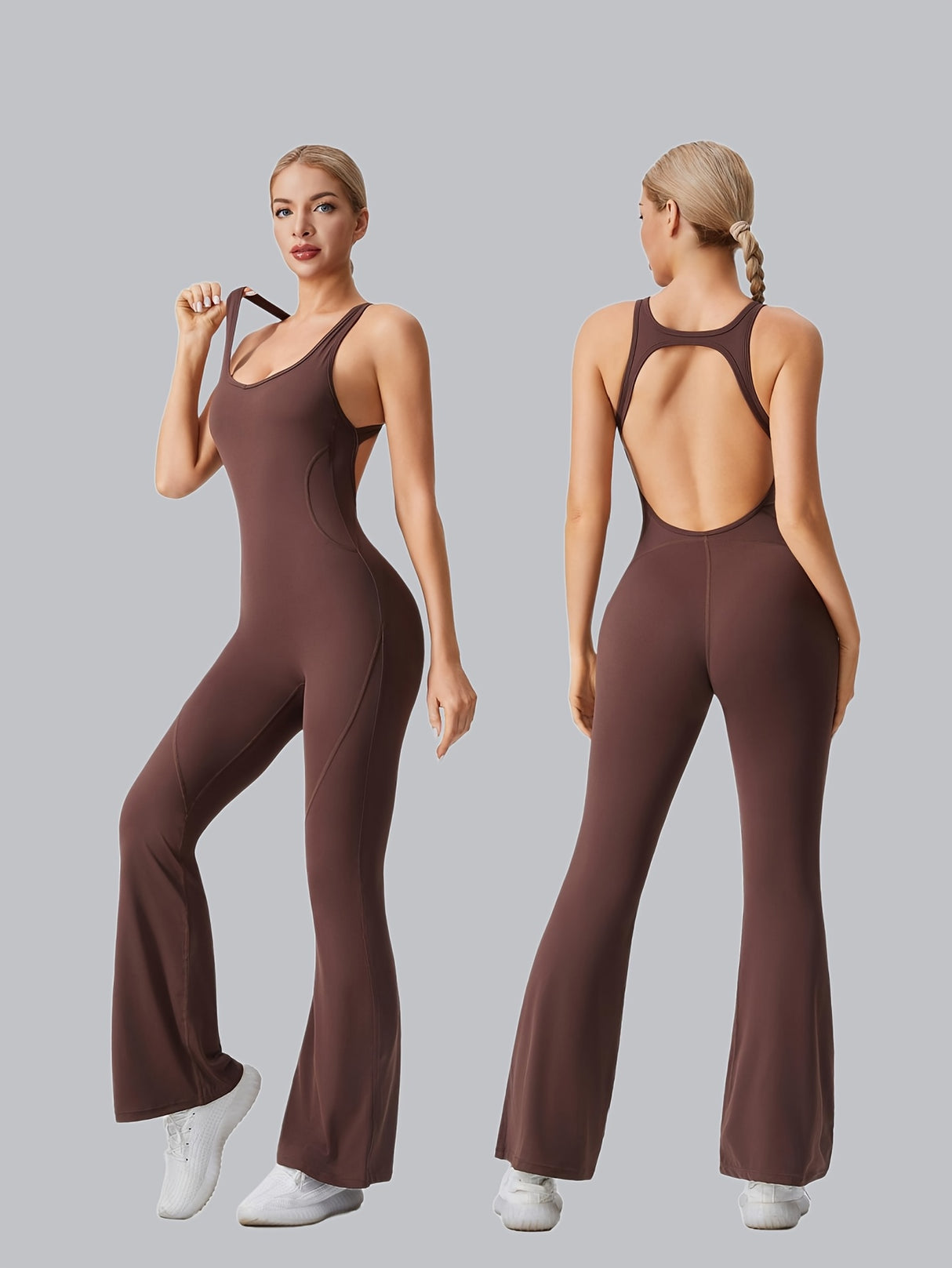 [Removable Padded Bra Workout Jumpsuits] Women Workout Fashion Flare Sleeveless Jumpsuits with Removable Padded Bra Hight Stretch Sportswear for Outdoor Activities (Black Brown Linen Dark blue)