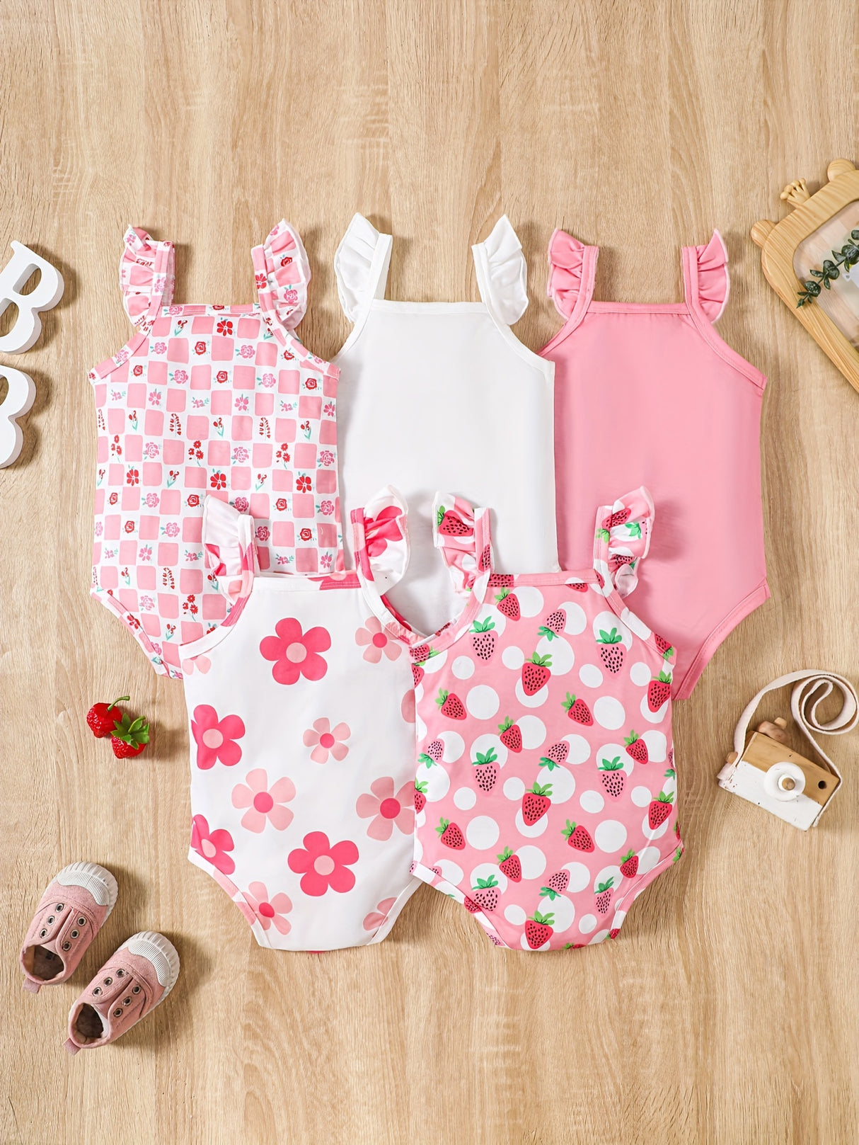 5pcs Baby Girls' Summer Rompers | Cute Fruit & Floral Print with Ruffled Straps | Soft Knit Fabric, Elastane & Polyester Blend | Button Closure | Multi-Color Pastel Yellow & White | Ideal for Playful Infants, Baby Girl Clothe
