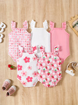 5pcs Baby Girls' Summer Rompers | Cute Fruit & Floral Print with Ruffled Straps | Soft Knit Fabric, Elastane & Polyester Blend | Button Closure | Multi-Color Pastel Yellow & White | Ideal for Playful Infants, Baby Girl Clothe